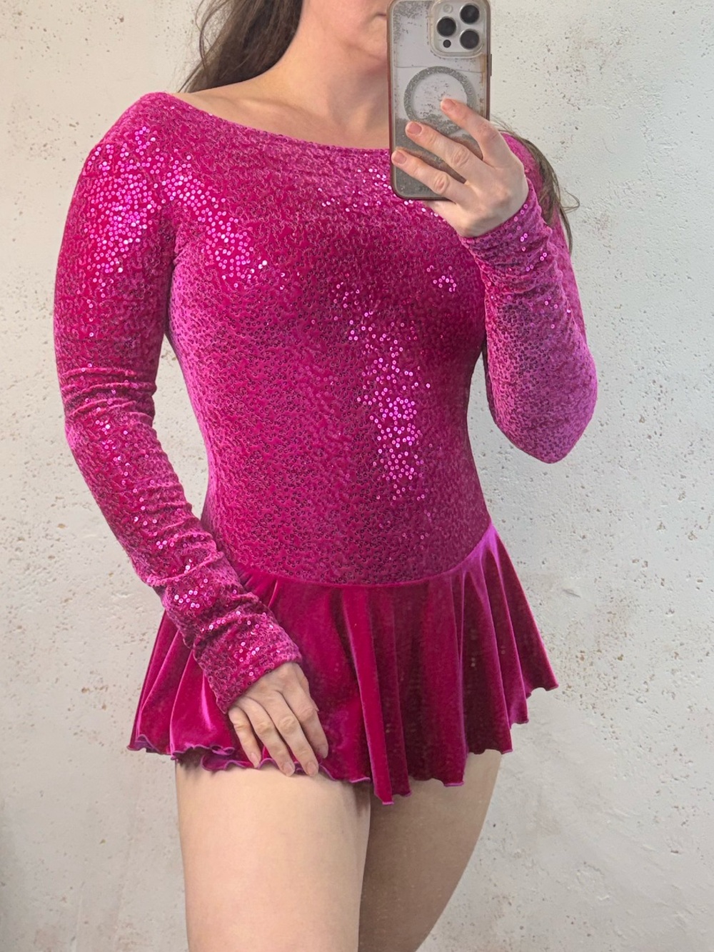 Mondor Hot Pink Sequin Velvet Skating Dance Leotard with Skirt Adult Medium